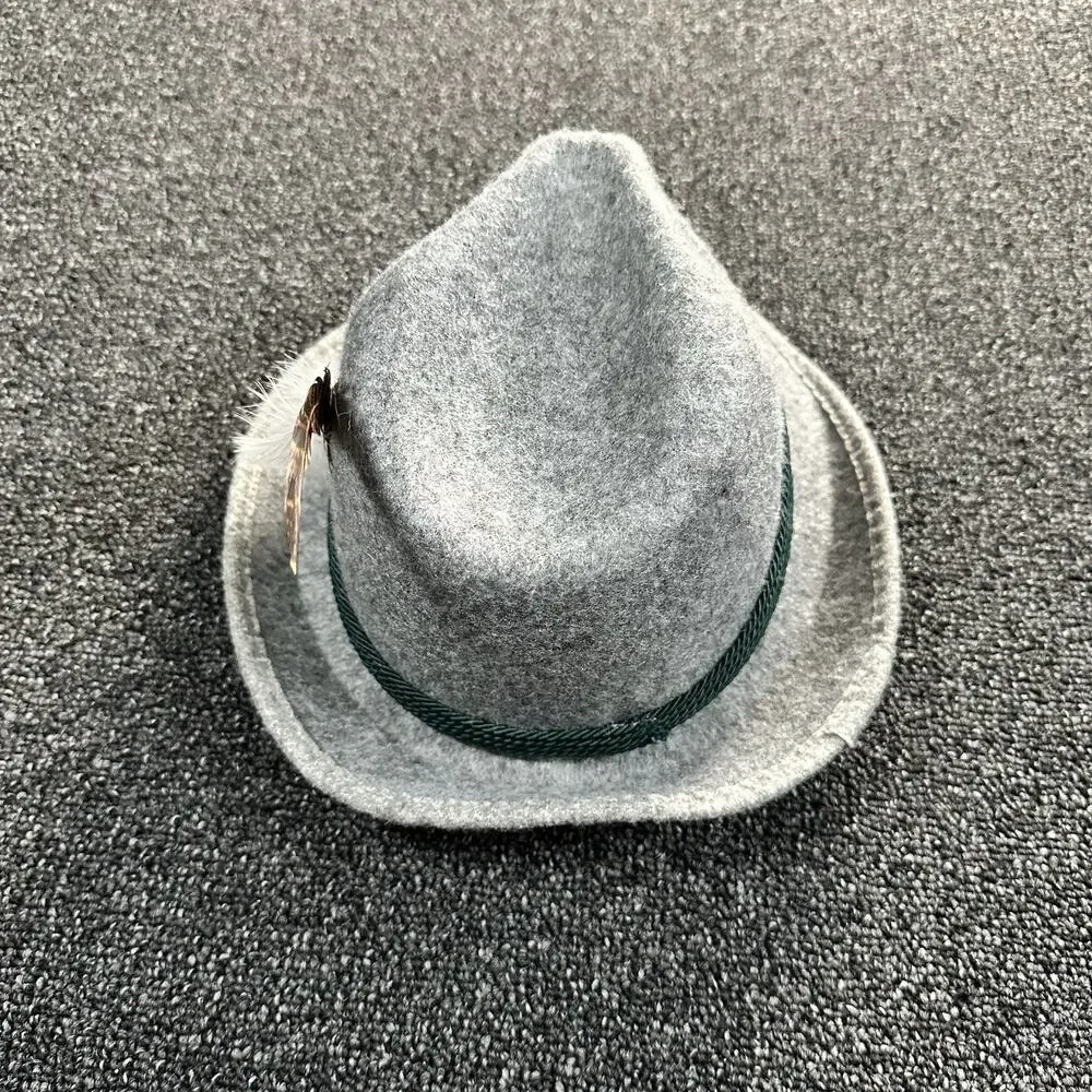 Allen Wool Hat Medium H650 German Oktoberfest W/ Feather Gray Green Sweatband
